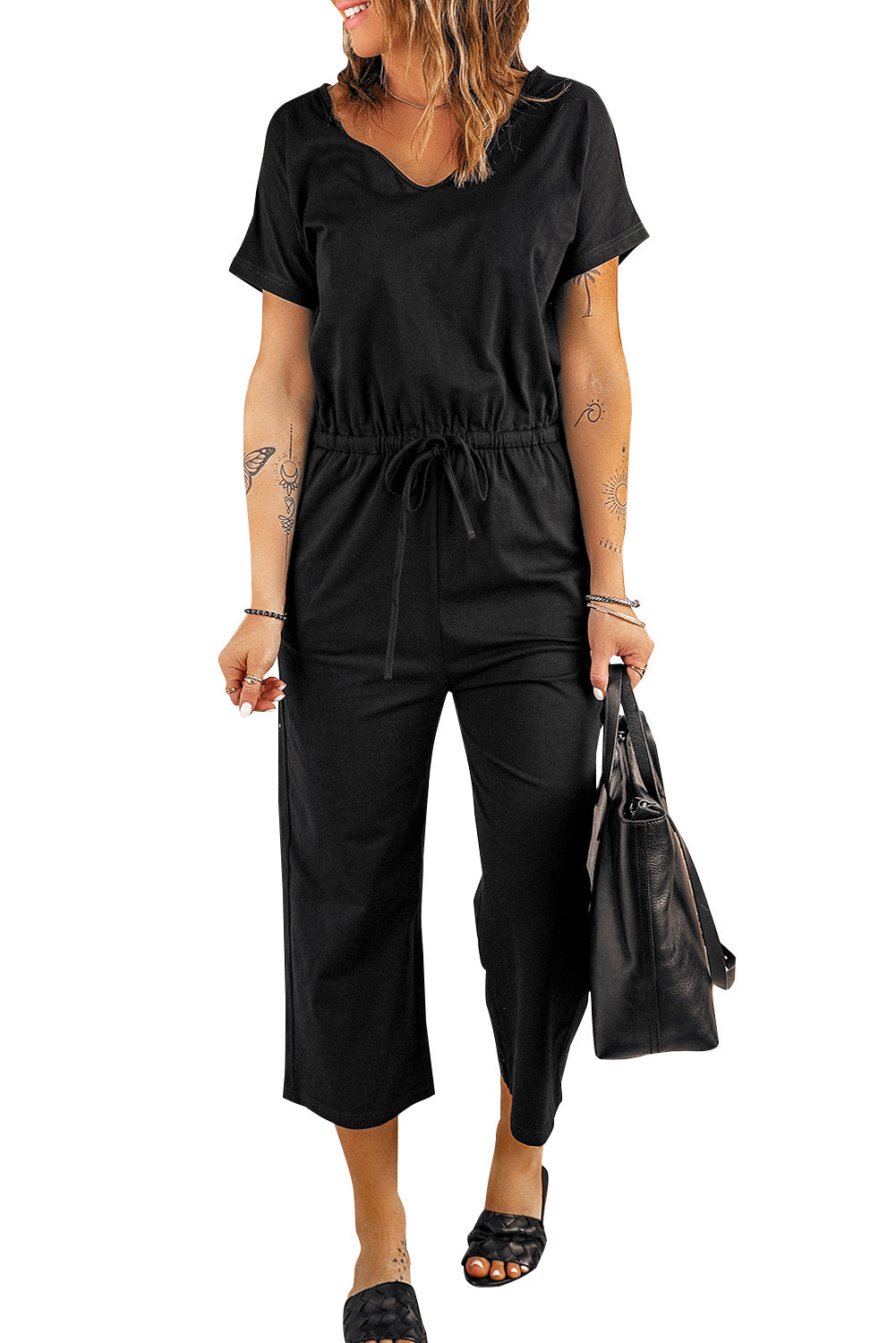 Black V Neck Short Sleeve Jumpsuit Jumpsuits & Rompers JT's Designer Fashion