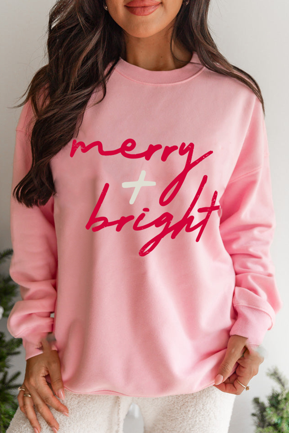 Pink merry + bright Christmas Fashion Graphic Sweatshirt Graphic Sweatshirts JT's Designer Fashion