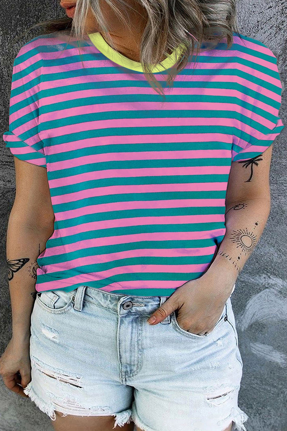 Pink Stripe Contrast Round Neck Plus T Shirt Plus Size JT's Designer Fashion