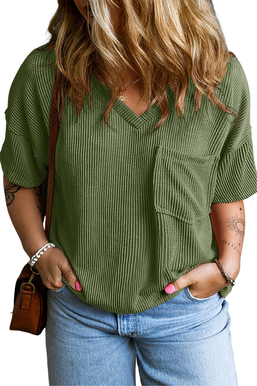 Jungle Green V Neck Patch Pocket Plus Size Corded T Shirt Plus Size JT's Designer Fashion