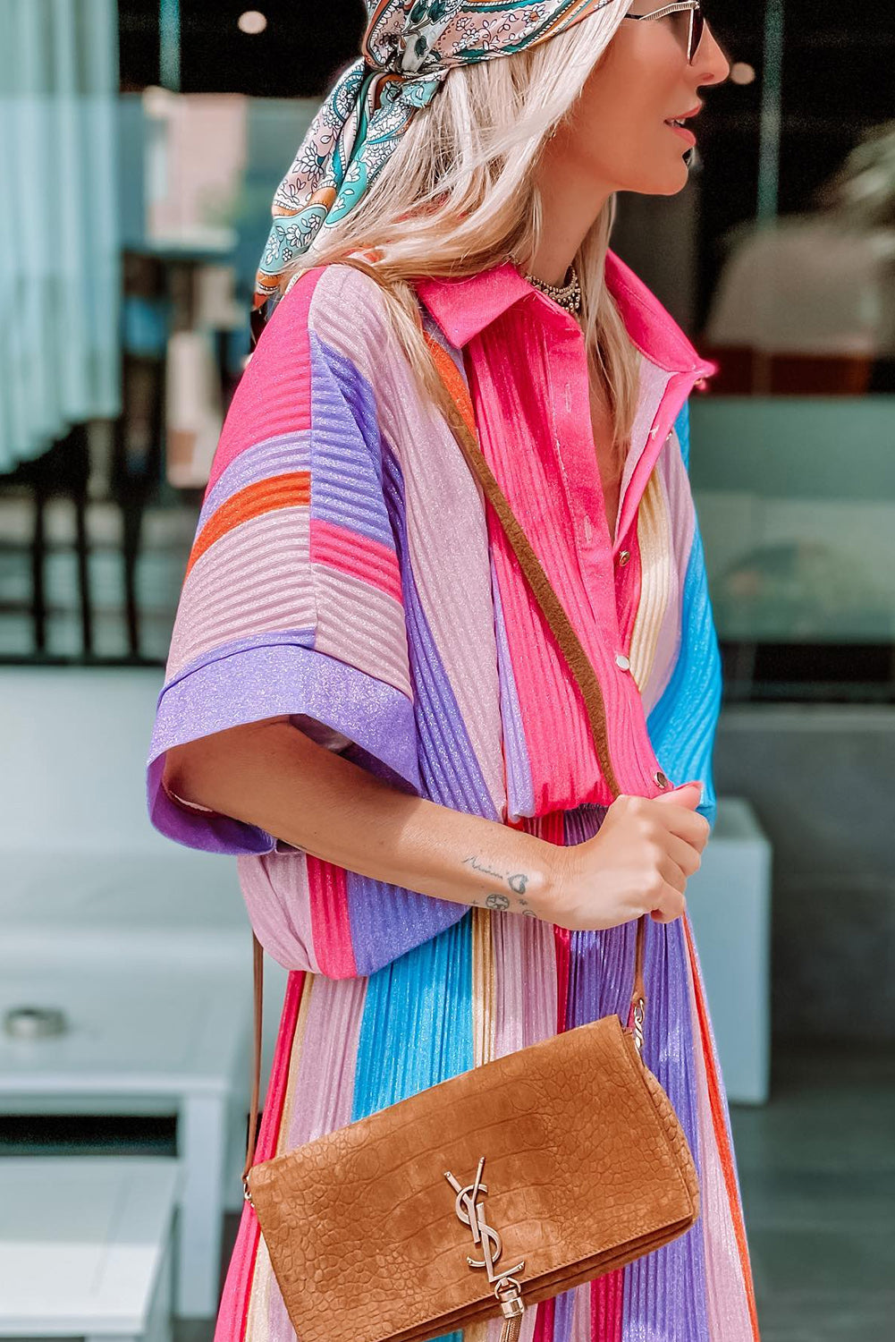 Pink Stripe Pleated Oversize Shirt and Wide Leg Pants Bottoms JT's Designer Fashion