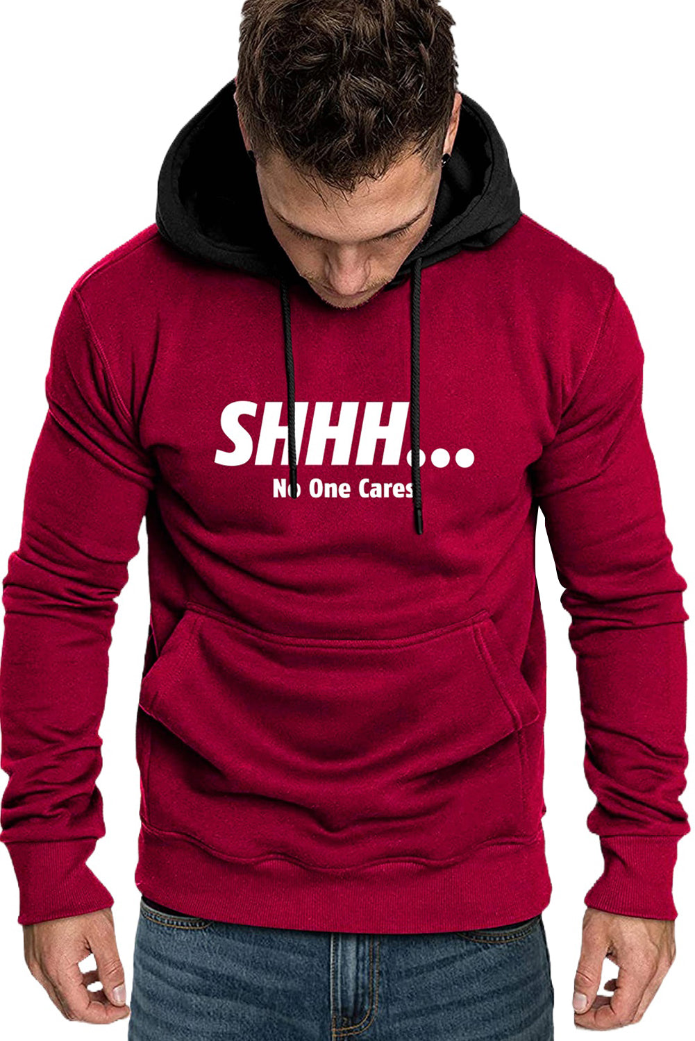 Fiery Red Men's Letter Print Color Block Slim-fit Pullover Hoodie Men's Tops JT's Designer Fashion
