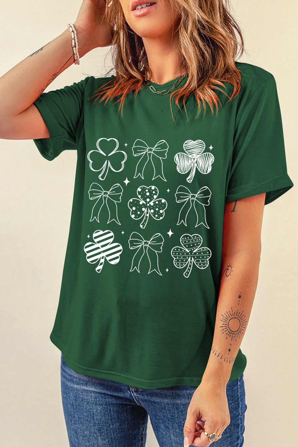 Green Clover Bowknot Graphic St. Patricks T Shirt Graphic Tees JT's Designer Fashion
