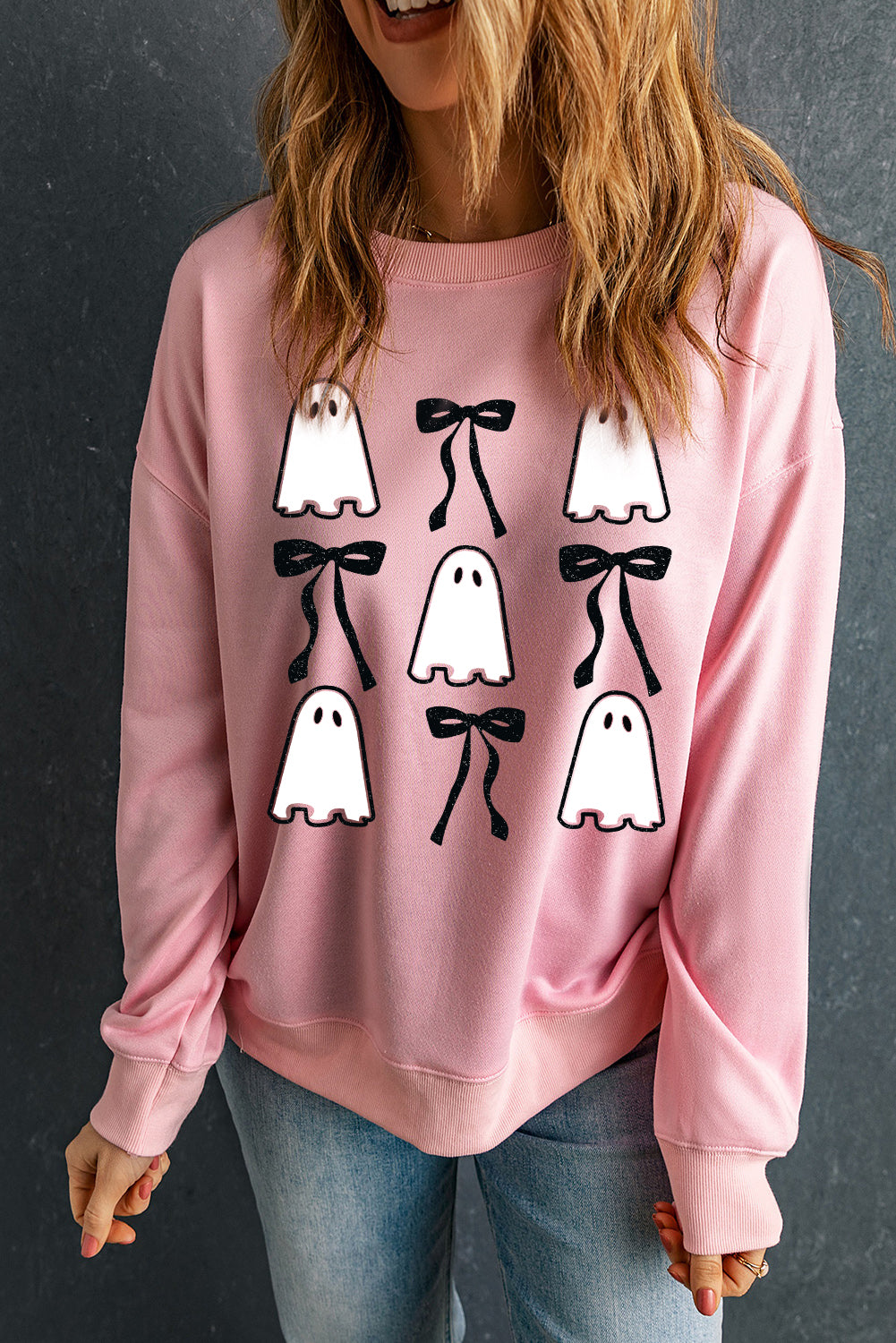 Pink Ghost Bowknot Printed Drop Shoulder Halloween Sweatshirt Graphic Sweatshirts JT's Designer Fashion