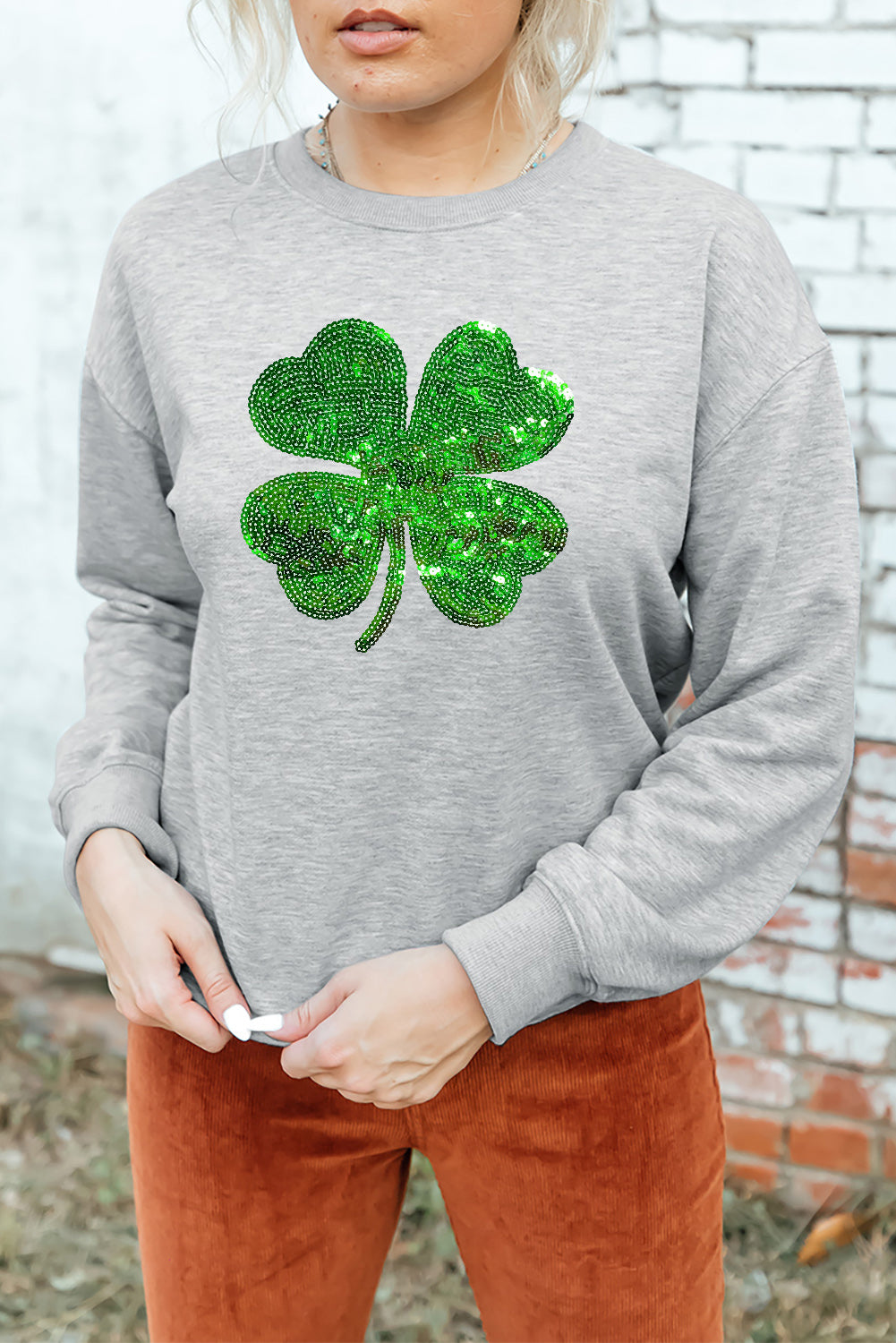 Gray Sequined Clover Patch St Patrick Fashion Sweatshirt Graphic Sweatshirts JT's Designer Fashion