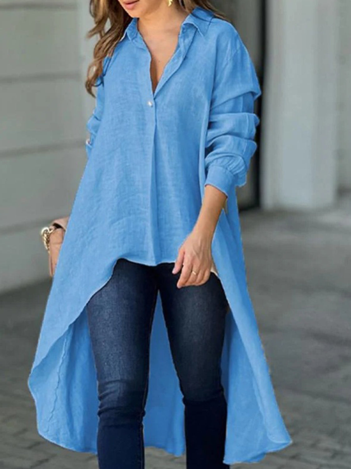 Full Size High-Low Collared Neck Long Sleeve Shirt Cerulean Long Sleeve Tops JT's Designer Fashion