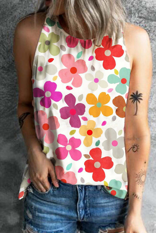 White Cute Floral Print Vest Tops & Tees JT's Designer Fashion