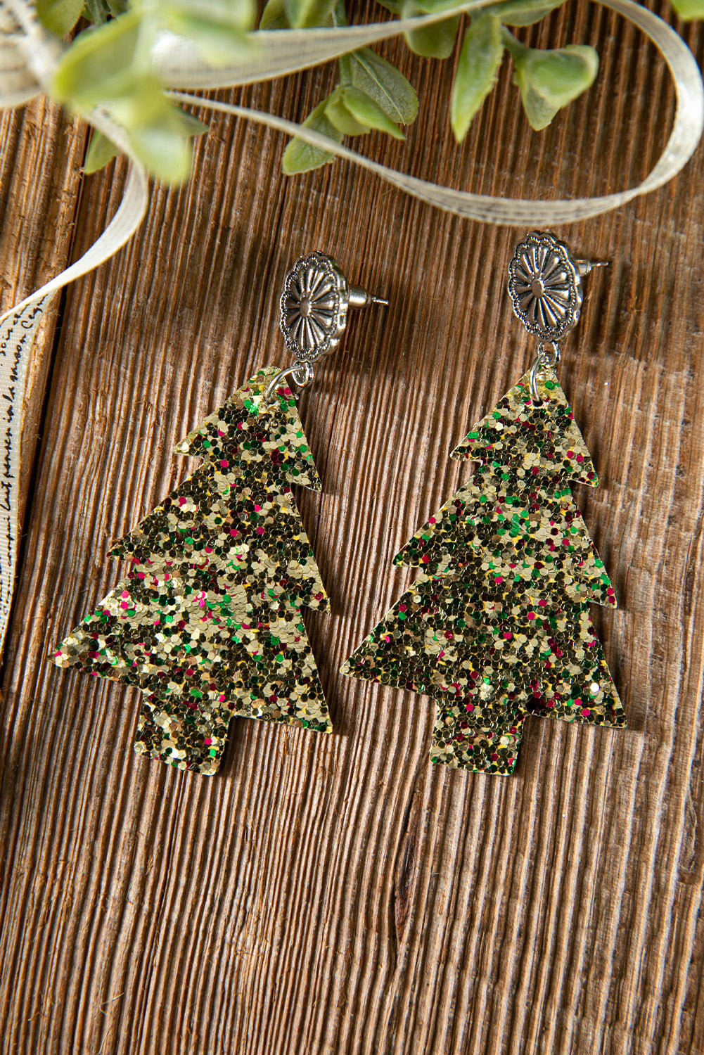 Sequin Christmas Tree PU Leather Earrings Jewelry JT's Designer Fashion