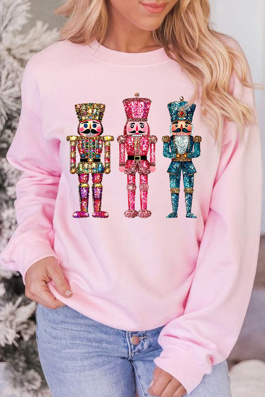 Pink Shimmer Nutcracker Graphic Christmas Pullover Sweatshirt Pink 50%Polyester+50%Cotton Graphic Sweatshirts JT's Designer Fashion