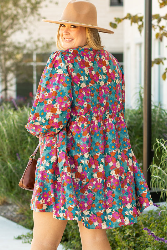Sky Blue Plus Size Floral Print Shirred Ruffle Tiered Mini Dress Plus Size Mini Dresses JT's Designer Fashion