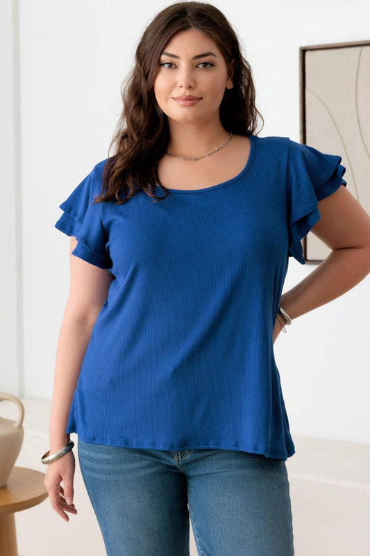 Gilli Plus Size Short Fluttery Sleeve Round Neck Top Royal Blue Blouses & Shirts JT's Designer Fashion