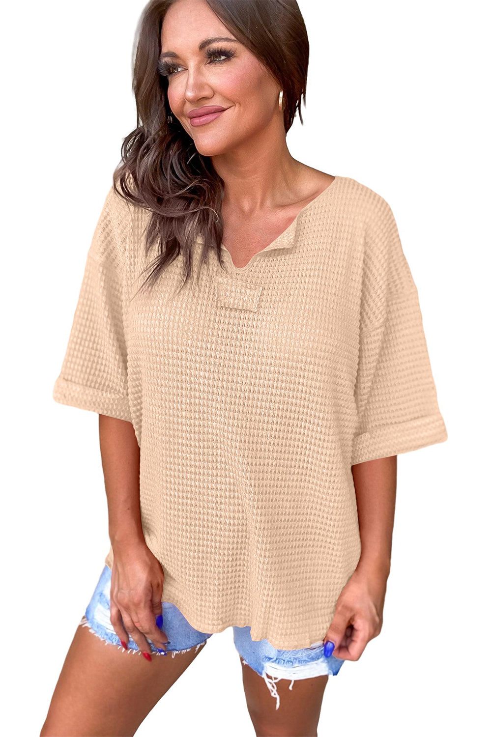 Parchment Textured Knit Split Neck Cuffed Short Sleeve Top Tops & Tees JT's Designer Fashion