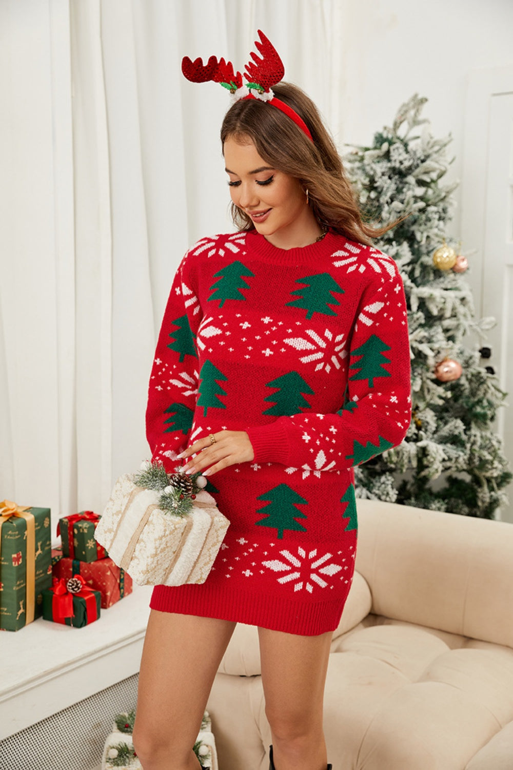 Christmas Tree Round Neck Sweater Dress Mini Dresses JT's Designer Fashion