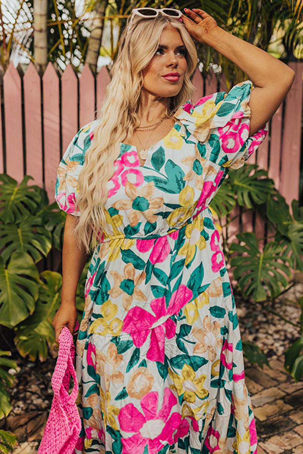 Multicolour Floral Puff Sleeve Notched Neck Plus Size Maxi Dress Plus Size JT's Designer Fashion