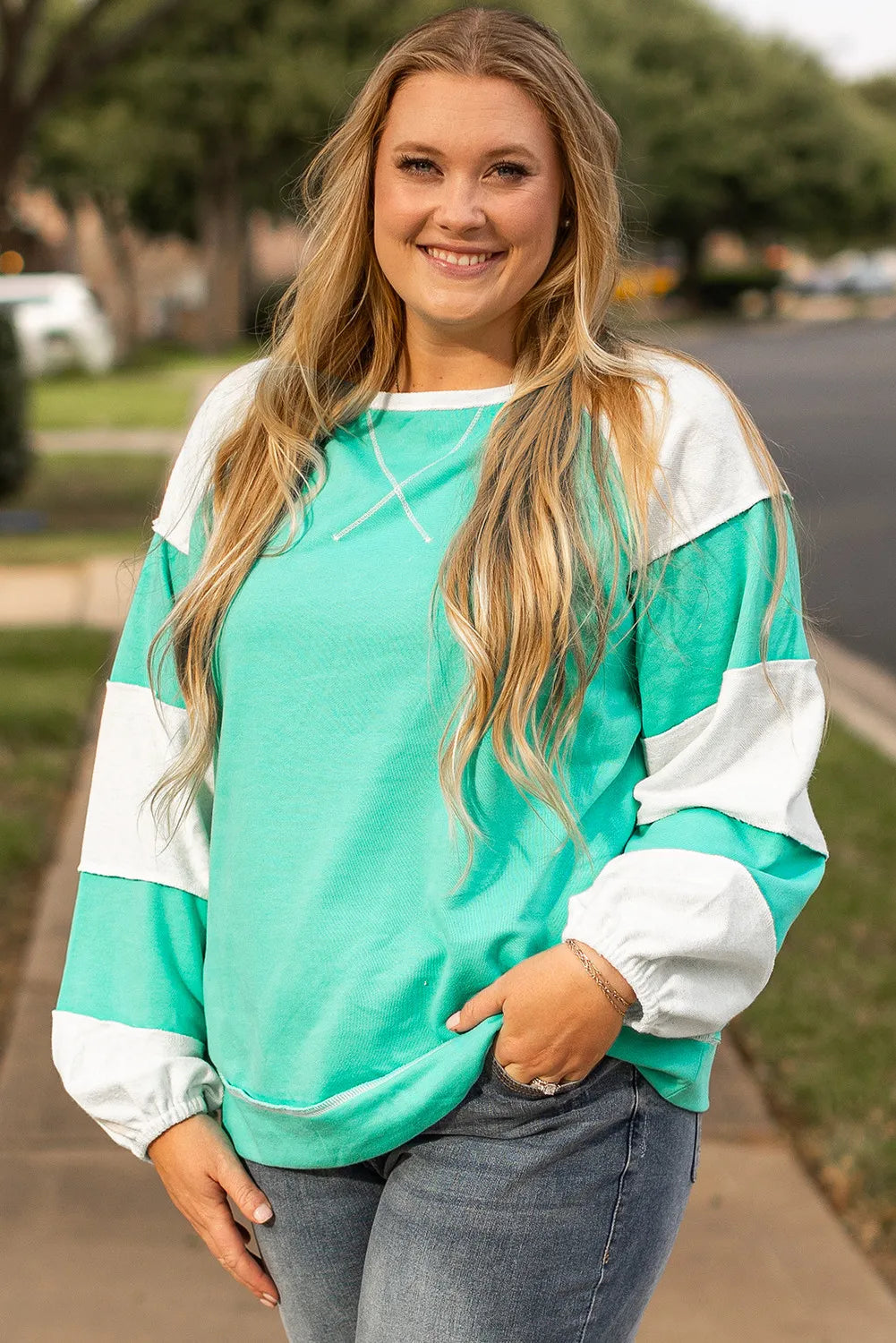 Plus Size Exposed Seam Color Block Long Sleeve Sweatshirt Long Sleeve Tops JT's Designer Fashion