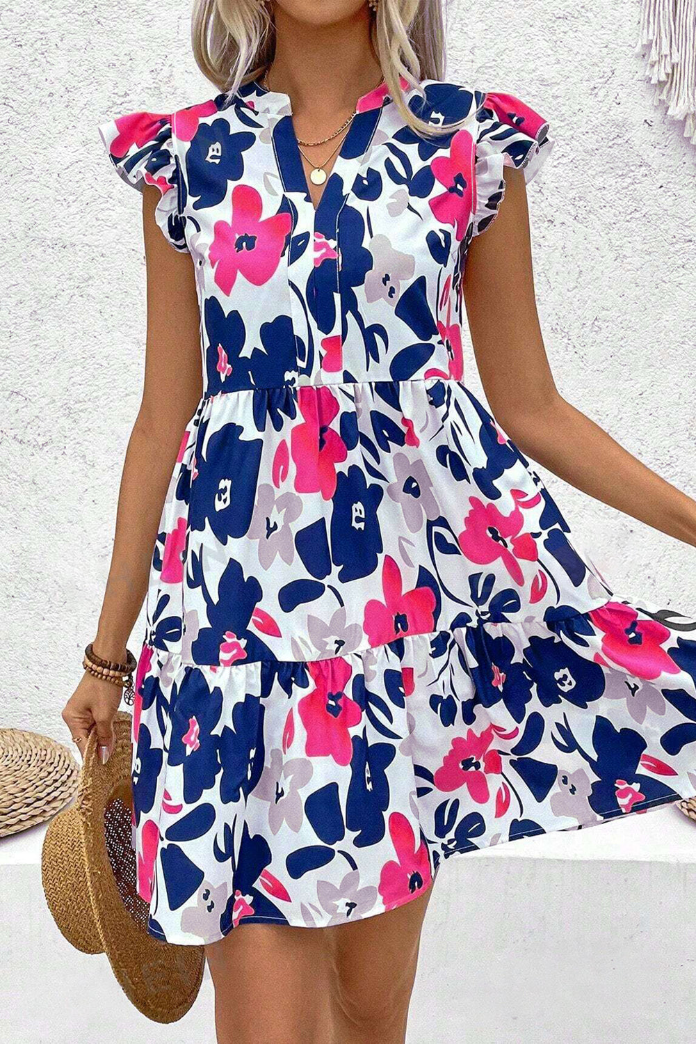 Fashion Floral Print Notched Neck Flutter Sleeve Mini Dress Floral Dresses JT's Designer Fashion