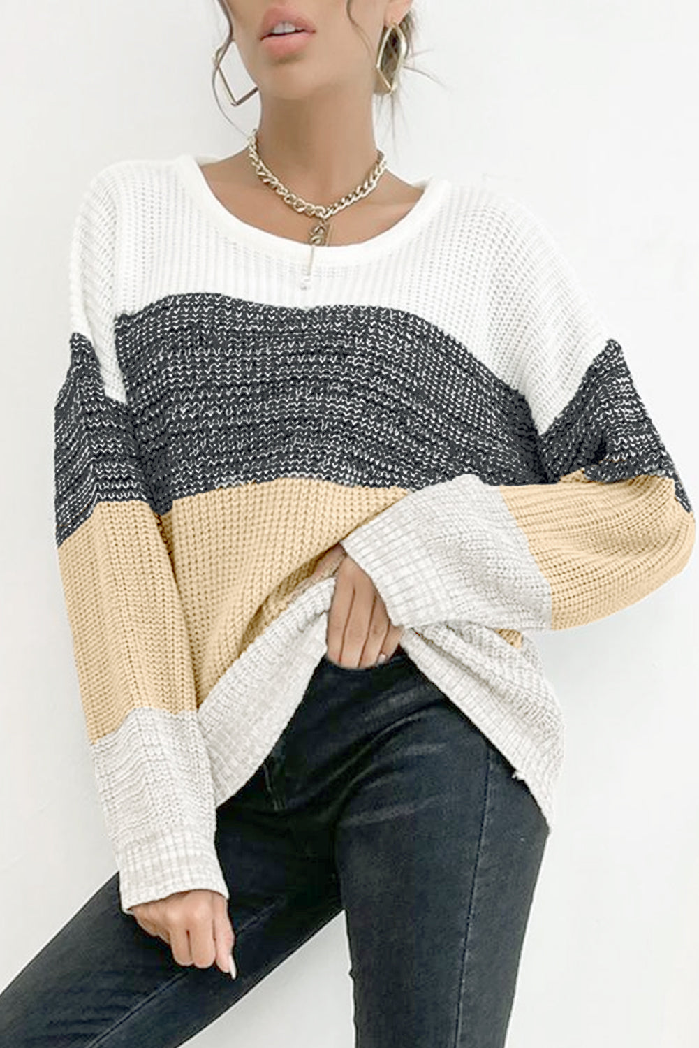 Multicolour Color Block Drop Shoulder Knit Sweater Sweaters & Cardigans JT's Designer Fashion