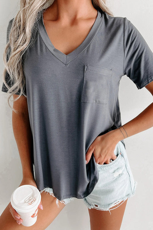 Medium Grey V Neck Pocketed Rounded Hem Tee Tops & Tees JT's Designer Fashion