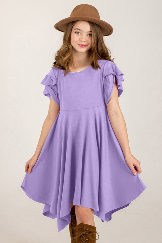 Round Neck Petal Sleeve Dress Lavender Girls Dresses JT's Designer Fashion