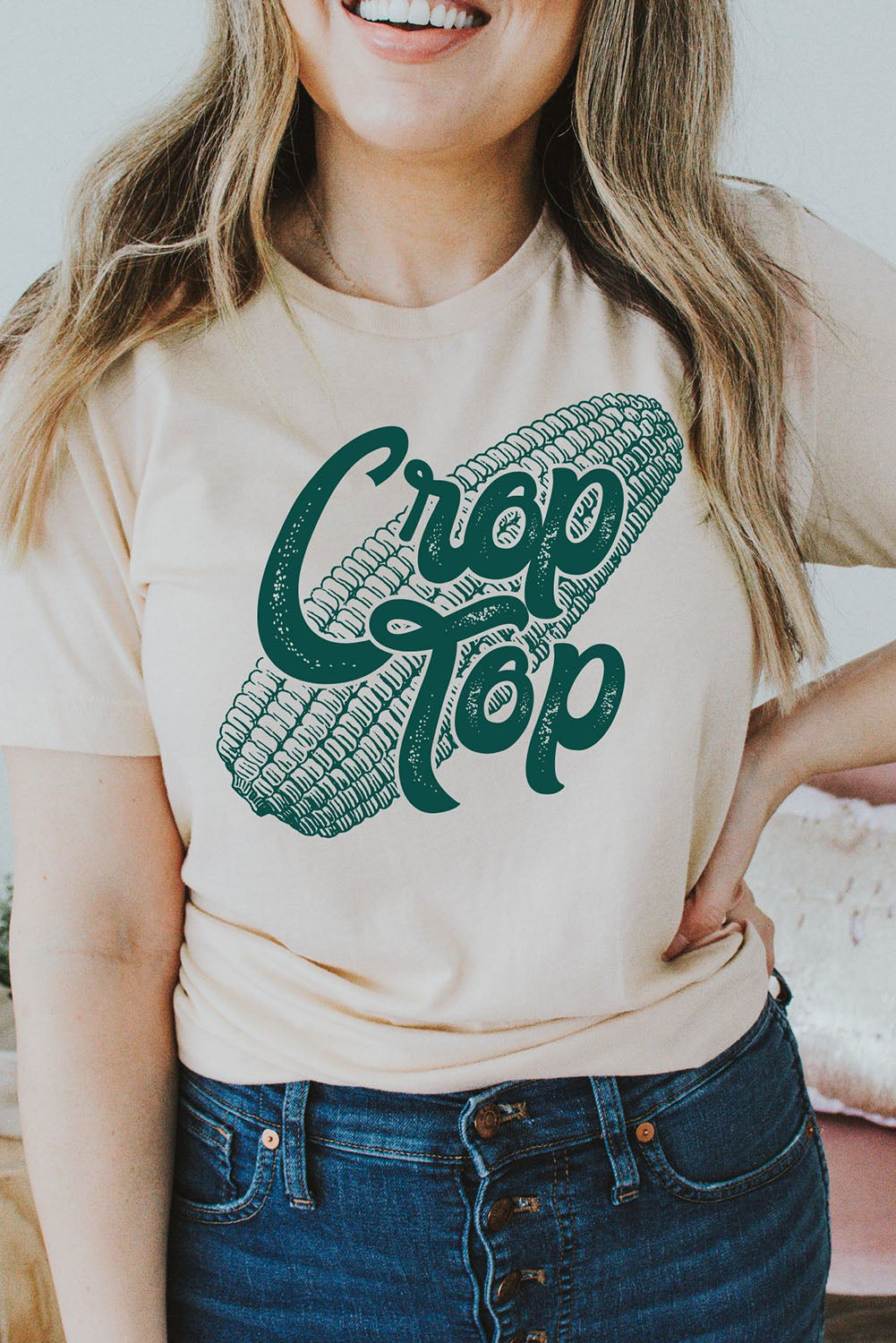 Khaki Corn Crop Top Graphic Tee Khaki 95%Polyester+5%Elastane Graphic Tees JT's Designer Fashion