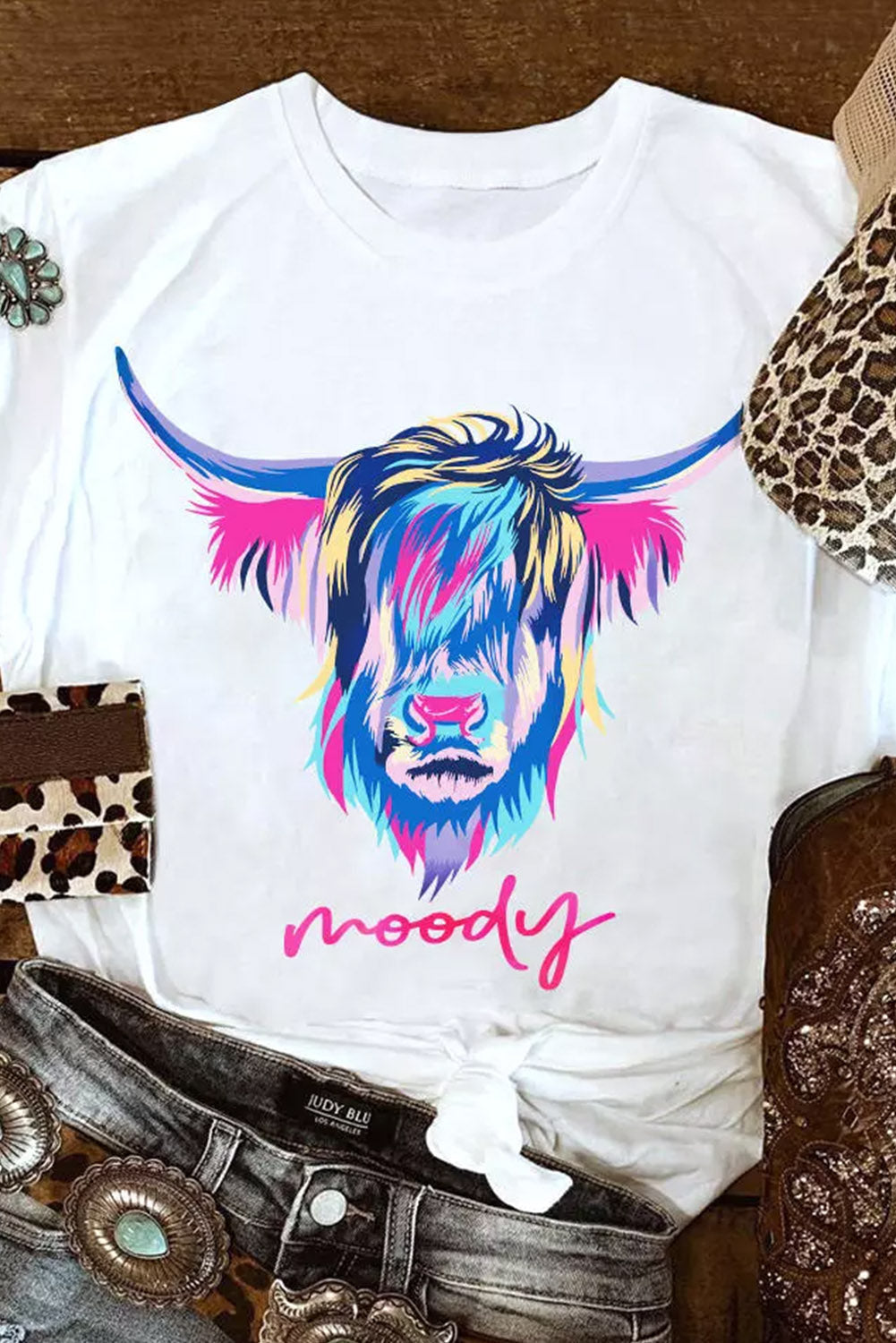 White Highland Heifer Moody Graphic T-shirt Graphic Tees JT's Designer Fashion