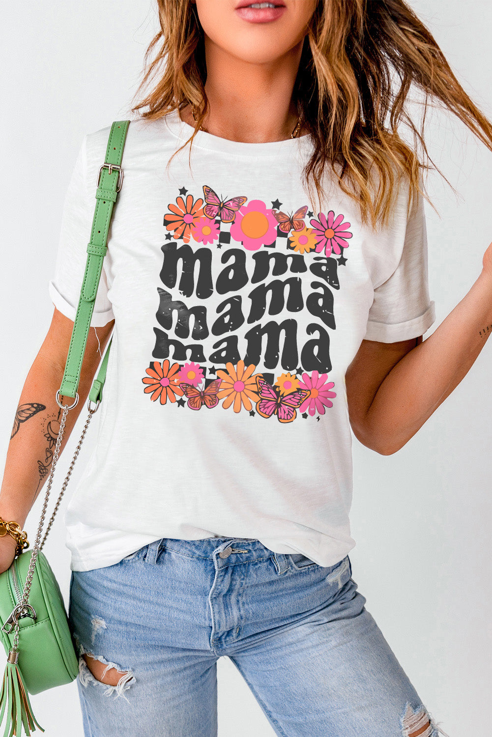 White Retro mama Flower Graphic T Shirt Graphic Tees JT's Designer Fashion