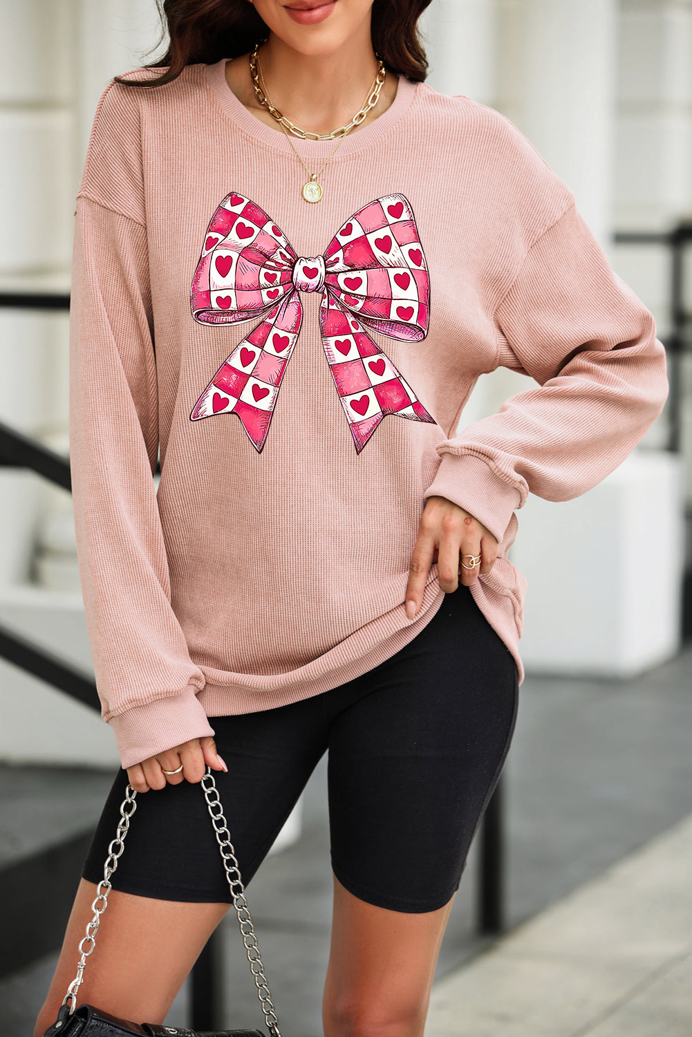 Pink Valentines Heart Checkered Bow Pattern Corded Baggy Sweatshirt Graphic Sweatshirts JT's Designer Fashion