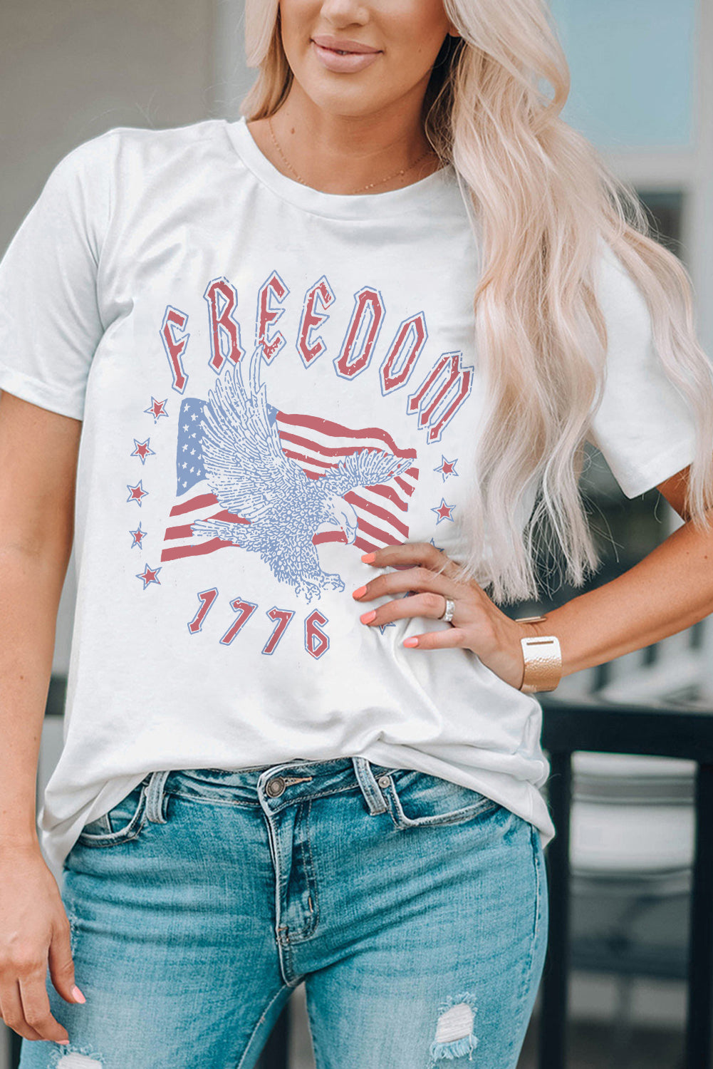 White FREEDOM Eagle Flag Print 1776 Graphic Tee Graphic Tees JT's Designer Fashion