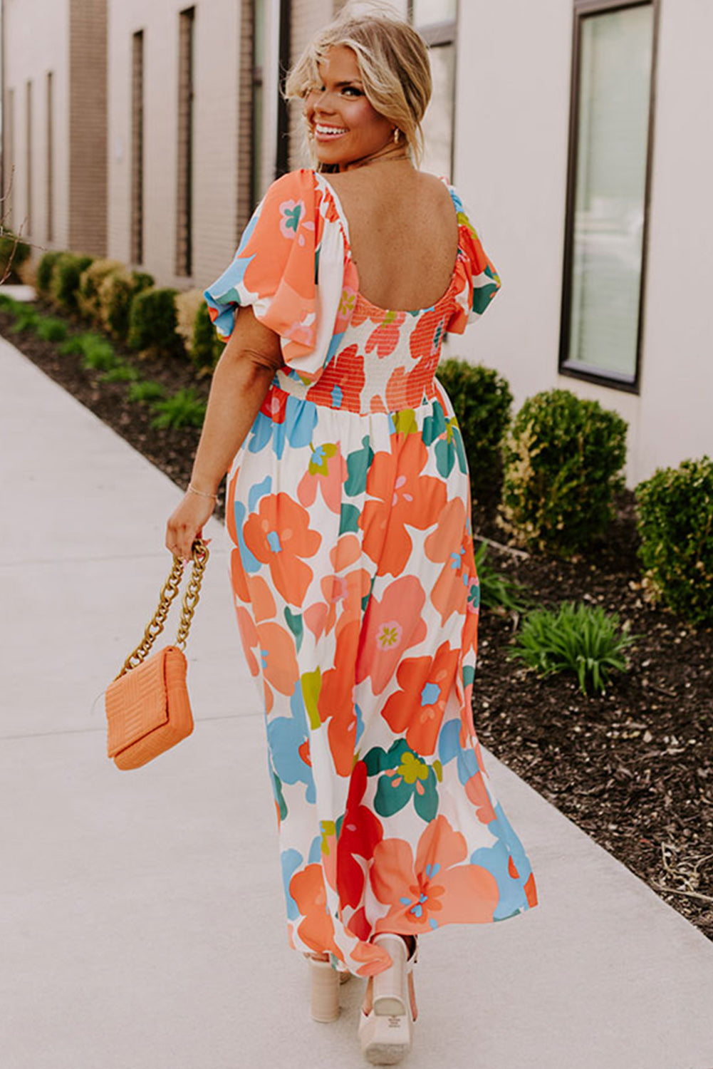 Orange Plus Size Flower Print Shirred Square Neck Maxi Dress Plus Size JT's Designer Fashion