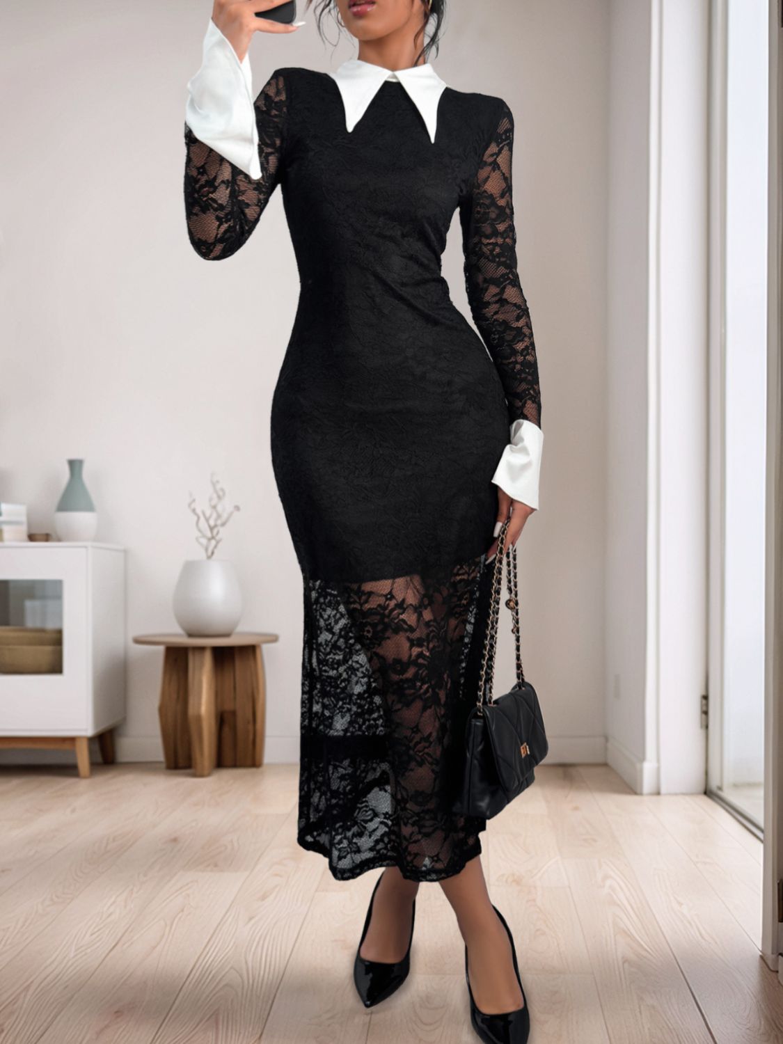 Perfee Lace Contrast Collared Neck Long Sleeve Midi Dress Midi Dresses JT's Designer Fashion