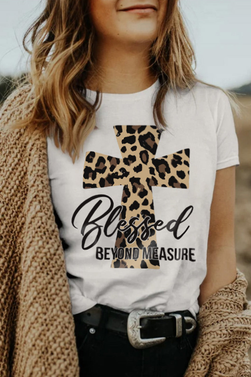 White Blessed Leopard Cross Graphic T Shirt Graphic Tees JT's Designer Fashion