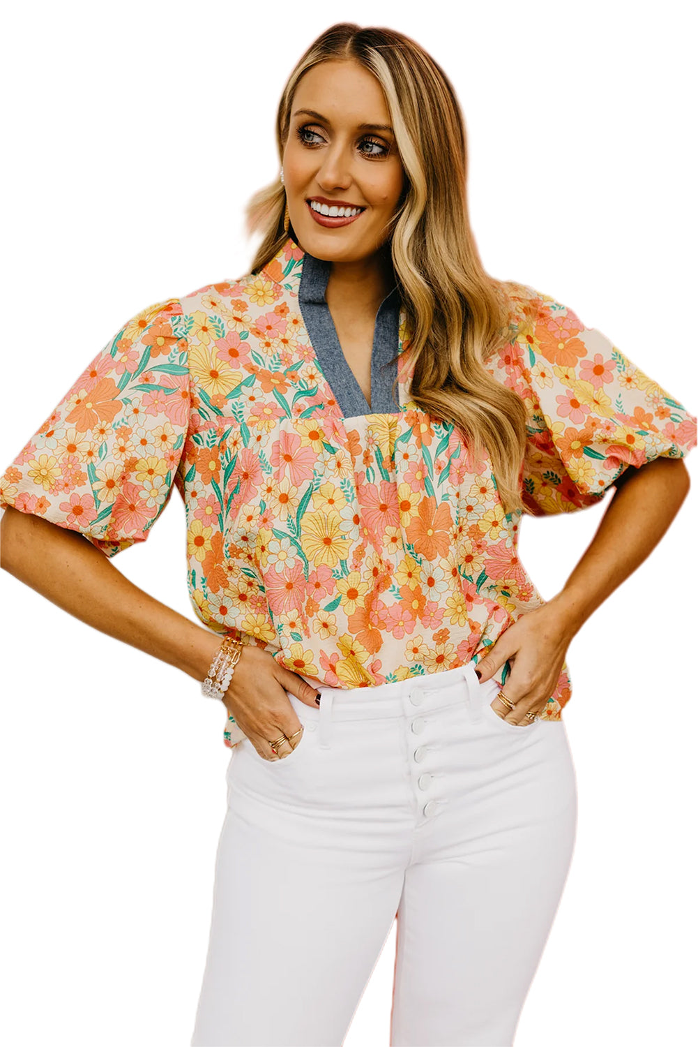 Multicolour Floral Print Bubble Sleeve V Neck Blouse Blouses & Shirts JT's Designer Fashion