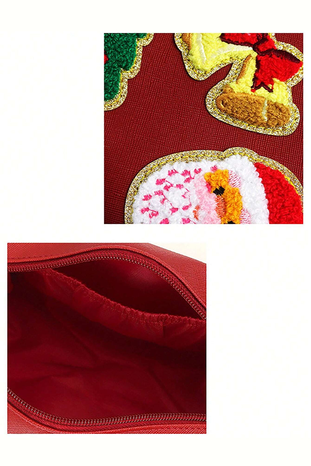 Fiery Red Christmas Pattern Chenille Patched PU Zipper Makeup Bag Makeup Bags JT's Designer Fashion