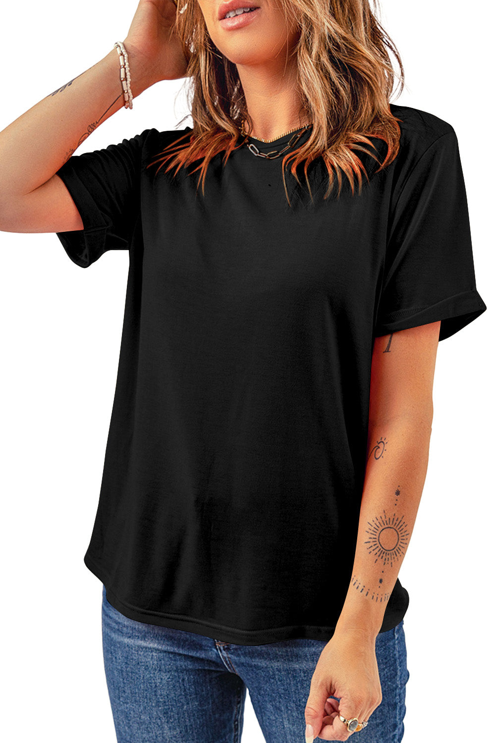 Black Casual Plain Crew Neck Tee Tops & Tees JT's Designer Fashion