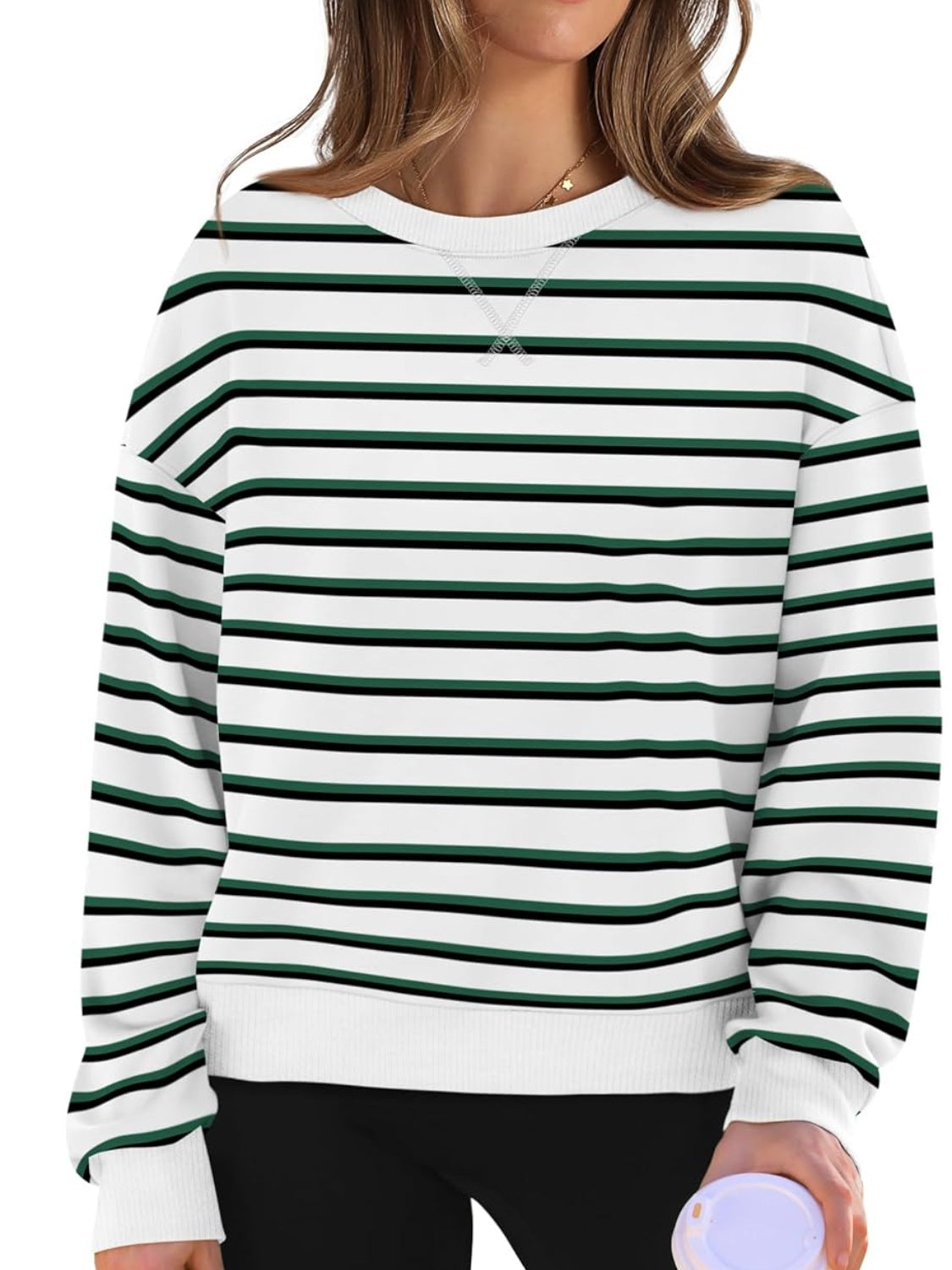 Striped Round Neck Long Sleeve Sweatshirt Long Sleeve Tops JT's Designer Fashion