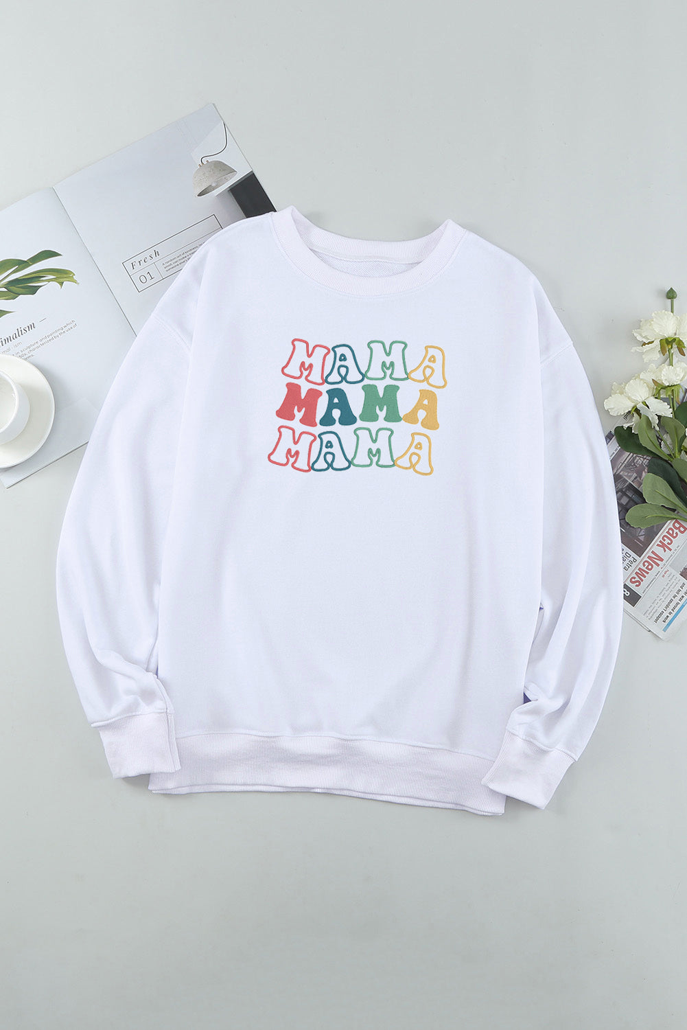 White MAMA Letter Embroidered Long Sleeve Sweatshirt Graphic Sweatshirts JT's Designer Fashion