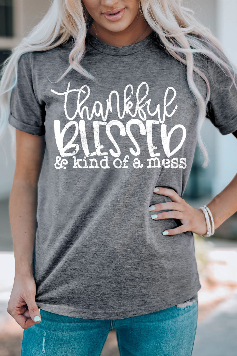 Gray Thankful Blessed & Kind of a Mess Graphic Tee Graphic Tees JT's Designer Fashion