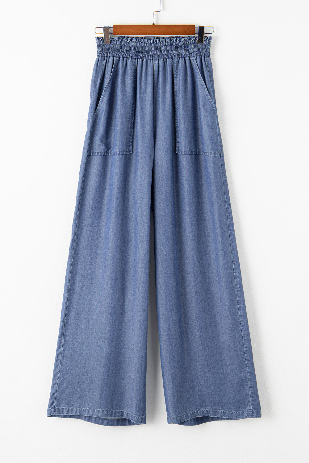 Sky Blue Side Pockets Frilled Smocked High Waist Wide Leg Jeans Bottoms JT's Designer Fashion