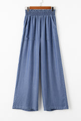 Sky Blue Side Pockets Frilled Smocked High Waist Wide Leg Jeans Bottoms JT's Designer Fashion