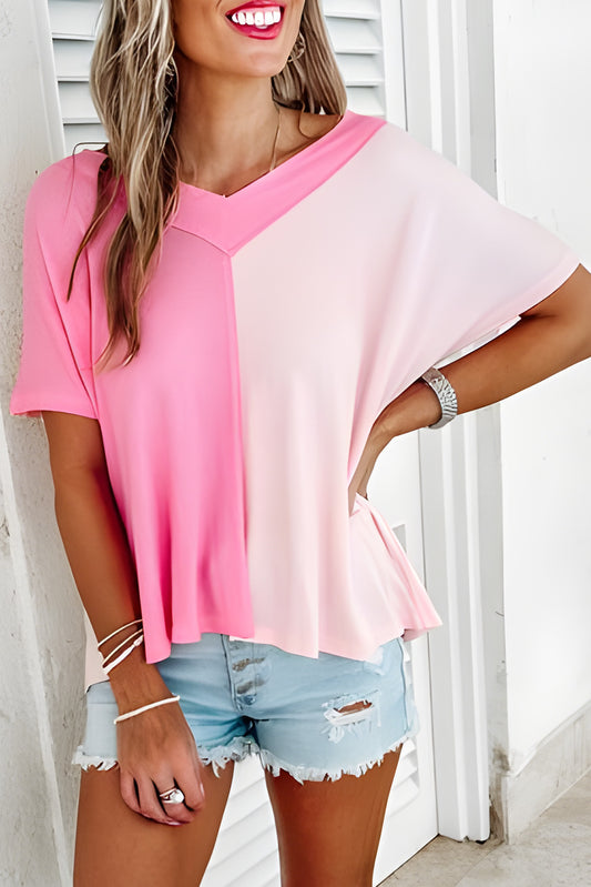 Pink Two Tone Colorblock V Neck T shirt Tops & Tees JT's Designer Fashion