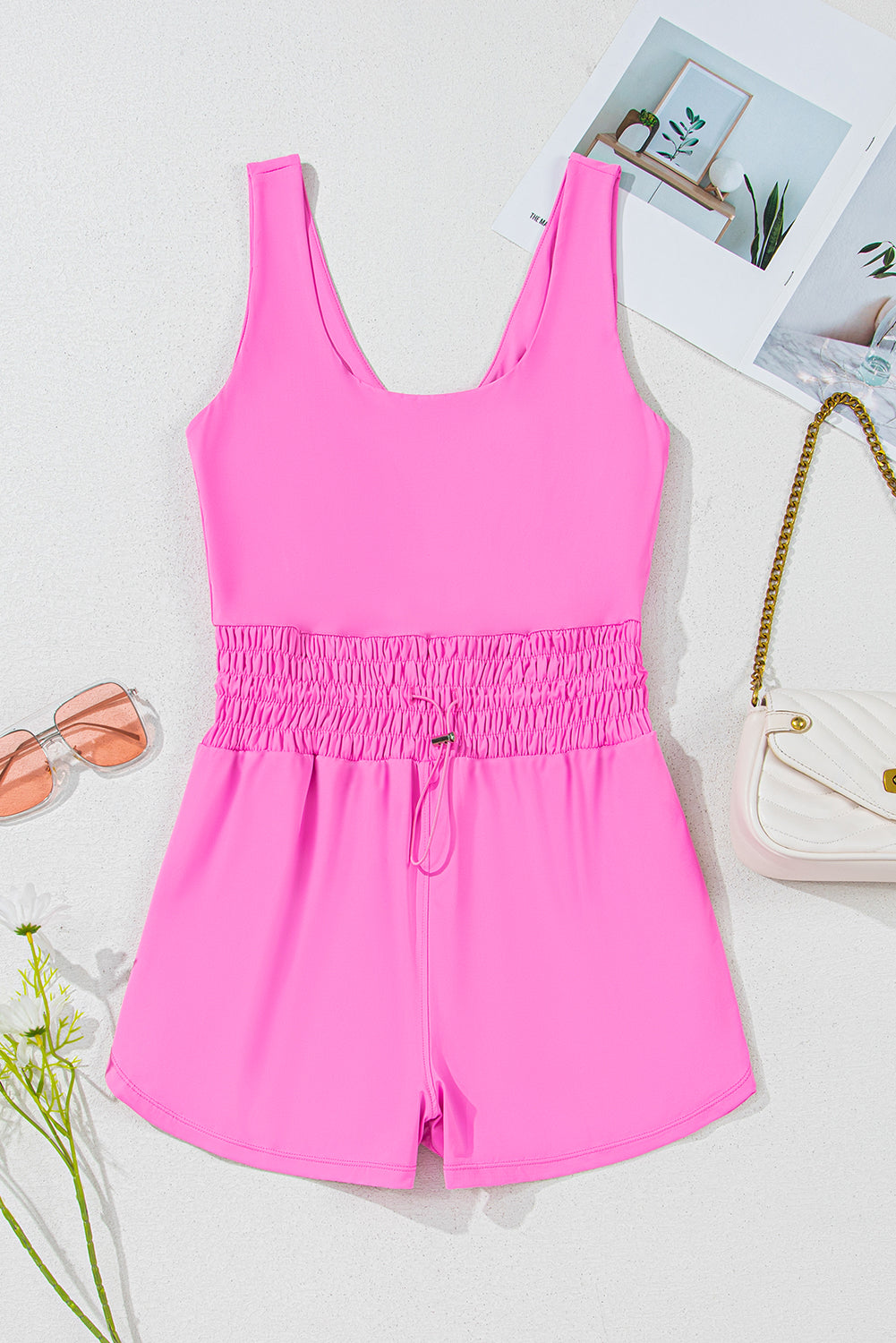 Sachet Pink Plain Sleeveless Loop Drawstring Cinched Waist Romper Jumpsuits & Rompers JT's Designer Fashion