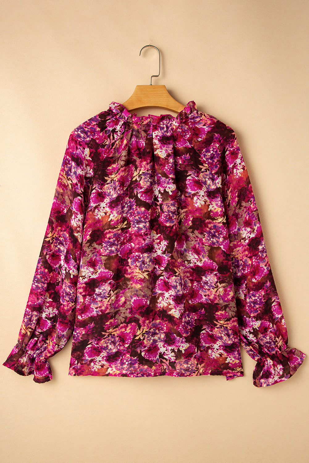 Rose Red Floral Allover Print Drawstring Ruffled V Neck Loose Blouse Blouses & Shirts JT's Designer Fashion