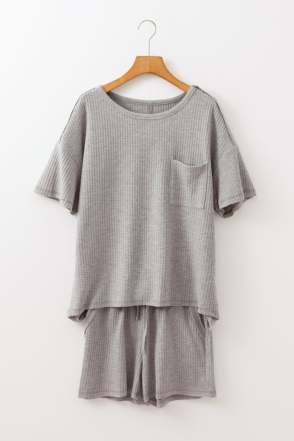 Gray Solid Color Waffle Knit T Shirt and Shorts Set Short Sets JT's Designer Fashion