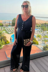 Black Lace Sleeveless V Neck Buttoned Front Belted Wide Leg Jumpsuit Pre Order Bottoms JT's Designer Fashion