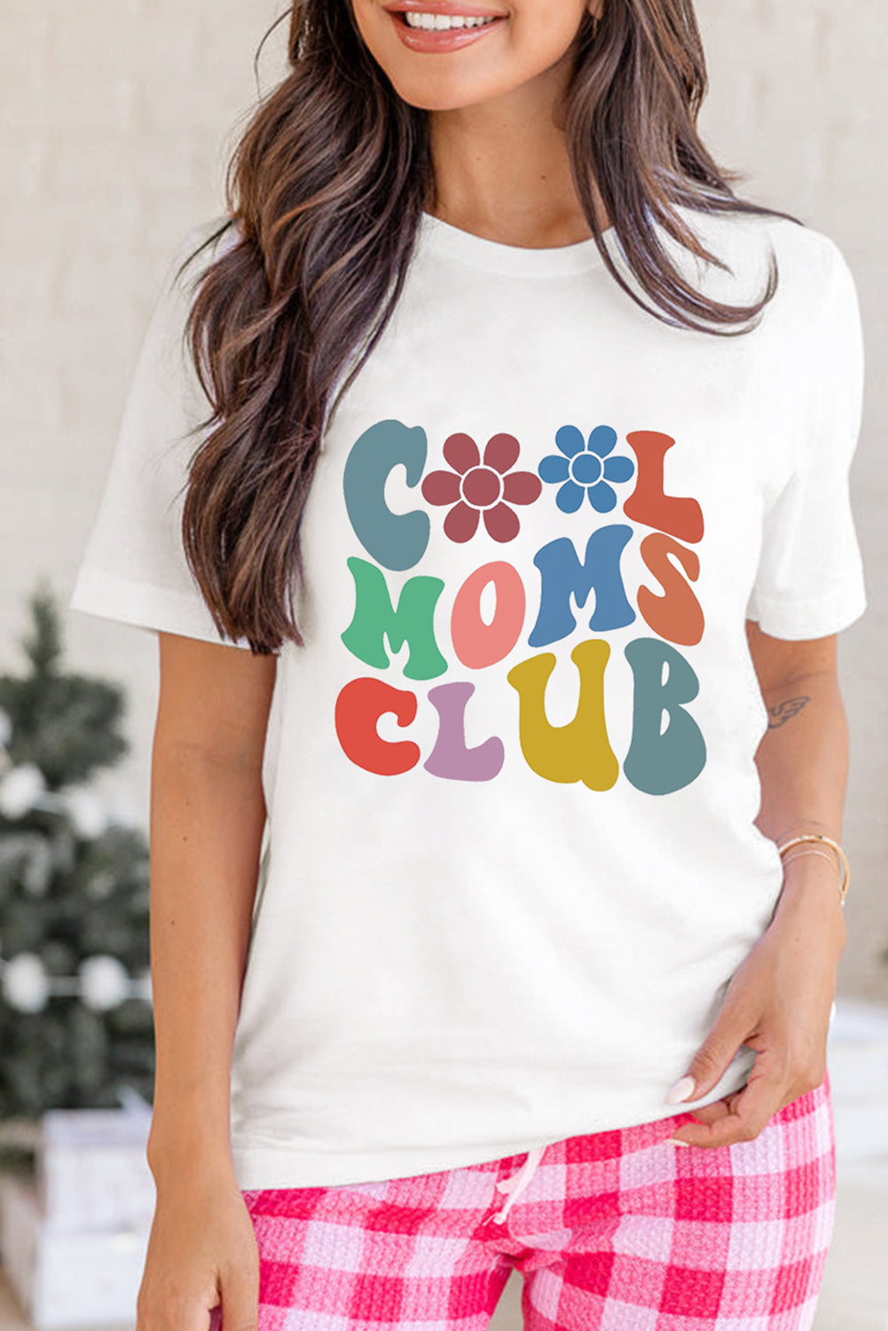 White COOL MOMS CLUB Flower Print Crew Neck T Shirt Graphic Tees JT's Designer Fashion