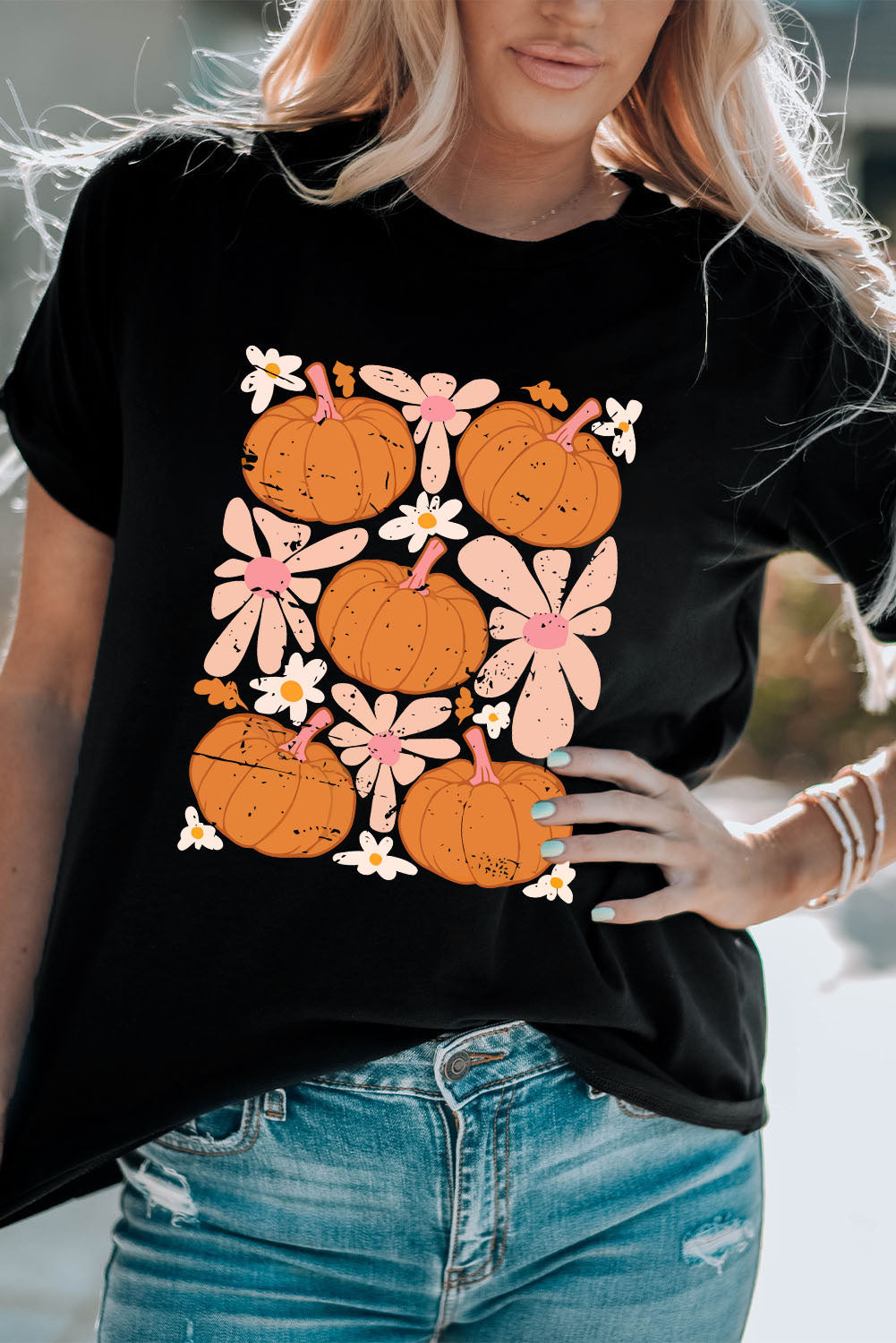 Black Pumpkin Flower Square Graphic Tee Graphic Tees JT's Designer Fashion