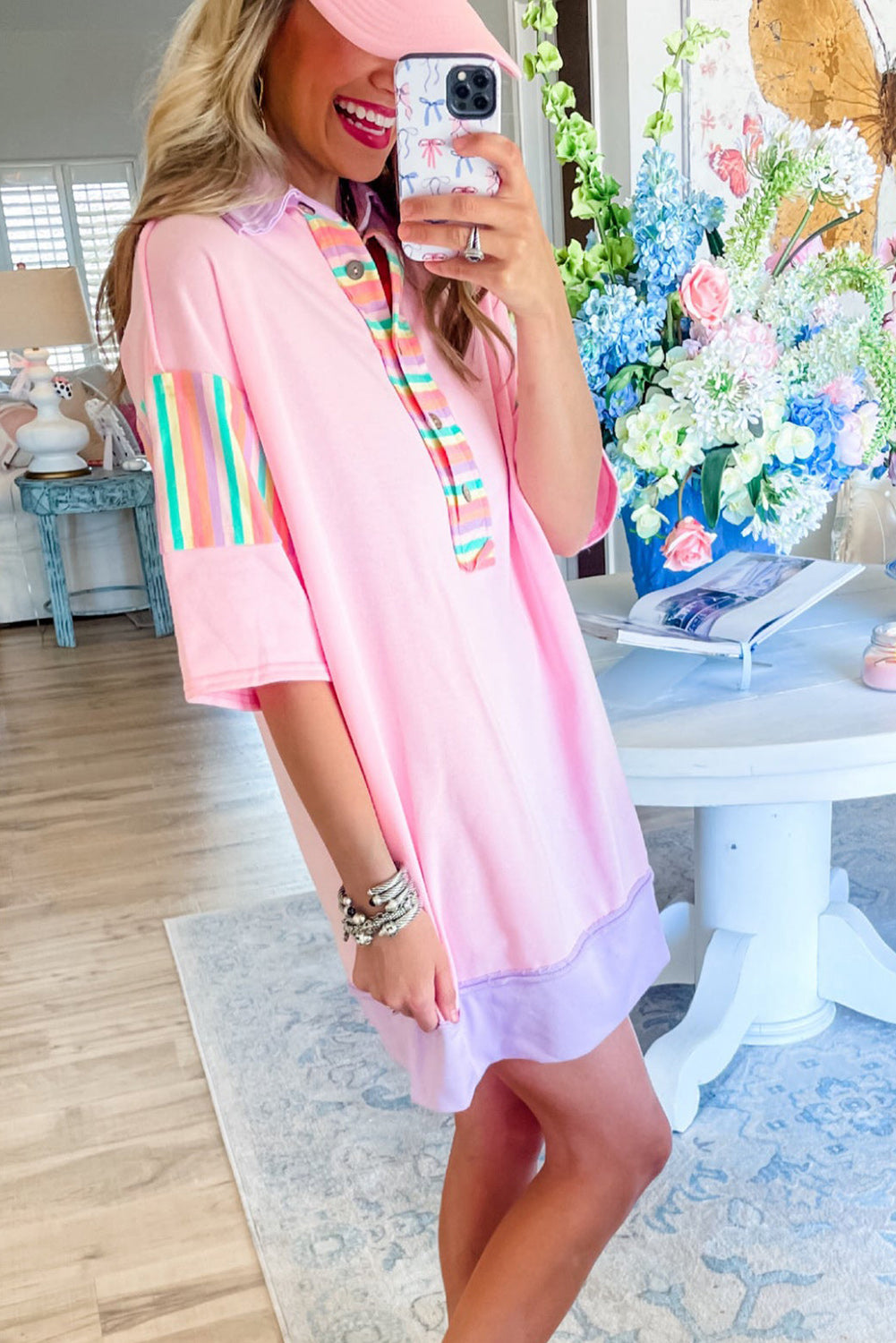 Pink Rainbow Stripe Half Sleeve Buttoned Collar Mini Dress Dresses JT's Designer Fashion