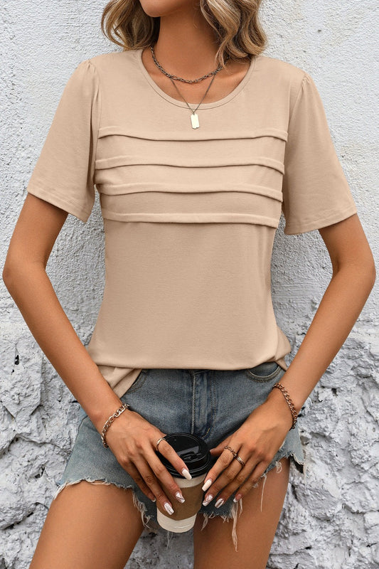 Round Neck Short Sleeve Top Tan Tops JT's Designer Fashion