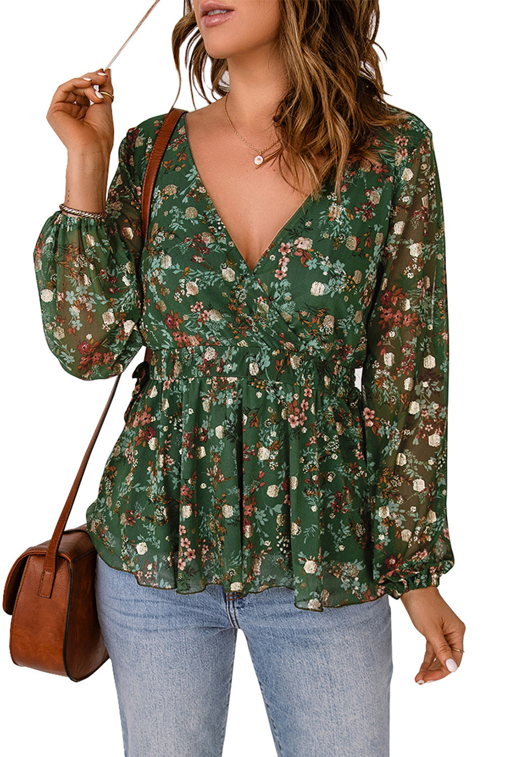 Green Floral Print Wrap V Neck Peplum Top Blouses & Shirts JT's Designer Fashion