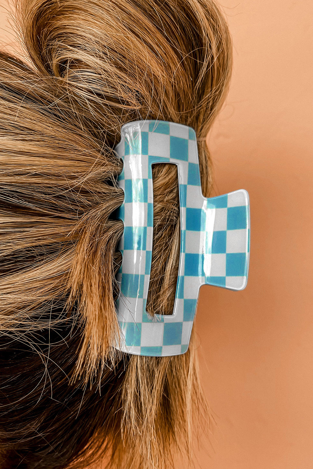 Sky Blue Checkered Print Hollow Out Hair Clip Headwear JT's Designer Fashion